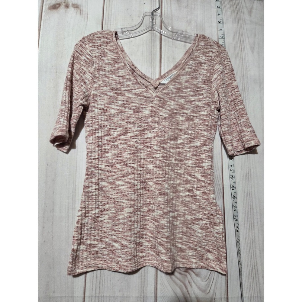 Liverpool Ladies XS Knit Top Pink White Ribbed V Neck 3/4 Sleeve Casual Cute